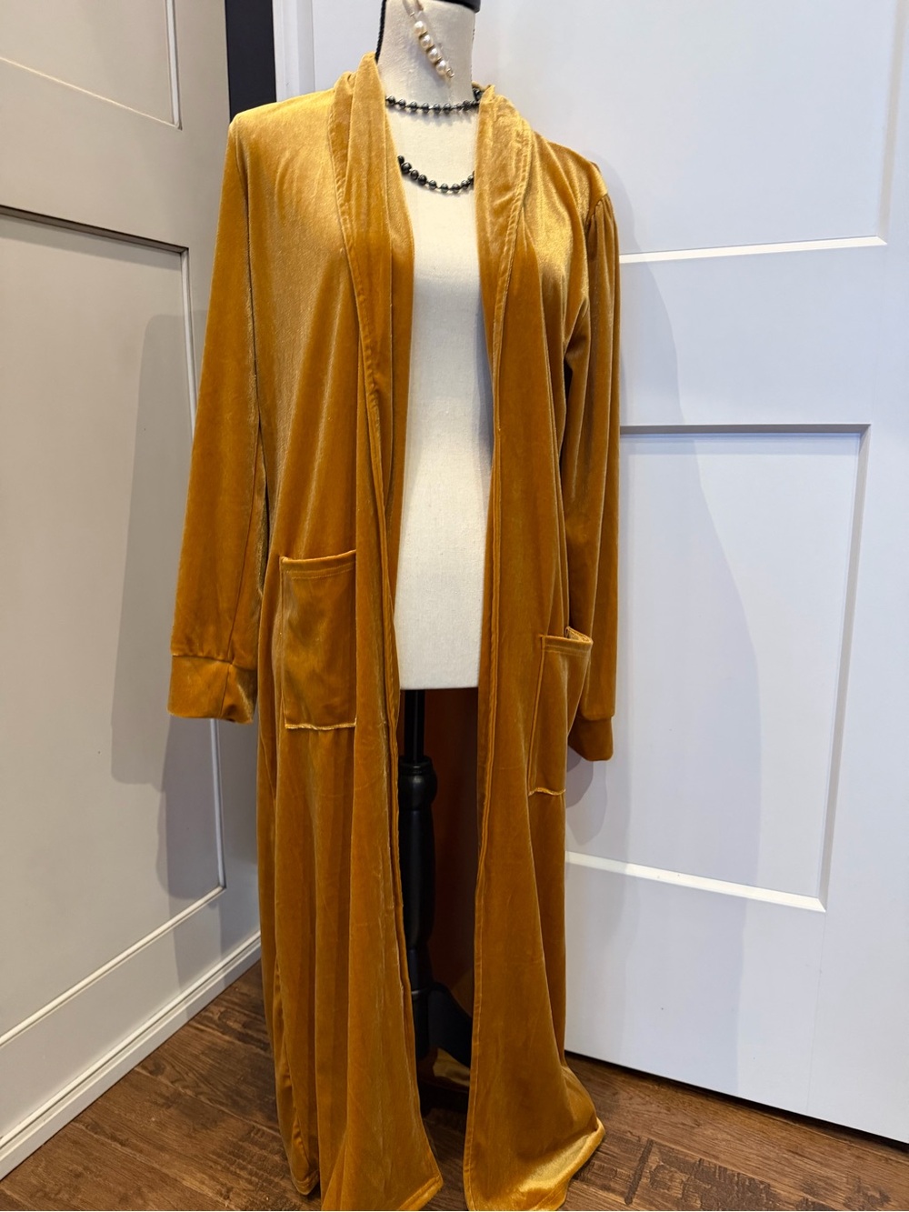 BKE Velvet Long Open Cardigan in Mustard Gold